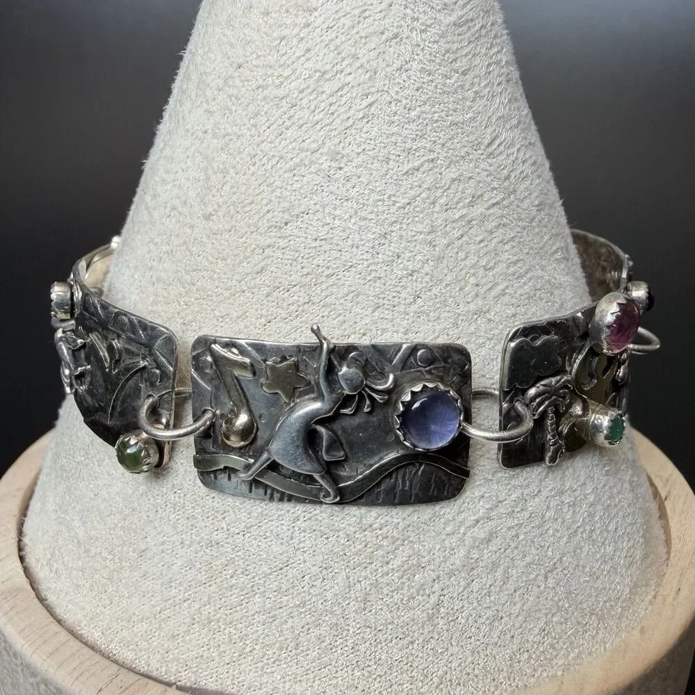 Vintage Handmade Artisan Panel Link Bracelet 925 Sterling Silver 14K Gold & Gems